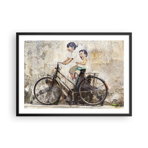 Poster in einem schwarzem Rahmen - Streetart mit Fahrrad und Kinderzeichnungen an der Wand - 70x50cm - Richtig oder falsch? - Moderne Wanddekoration für Wohnzimmer und Schlafzimmer ARTTOR
