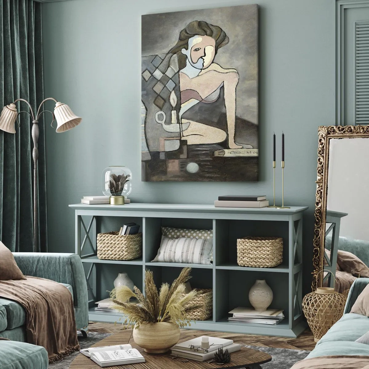 Bild auf Leinwand - Leinwandbild - Abstrakte Figuren in einer symbolischen Komposition mit tiefer Bedeutung - 70x100cm - Mosaik aus Geist und Materie - Moderne Wanddekoration für Wohnzimmer und Schlafzimmer ARTTOR