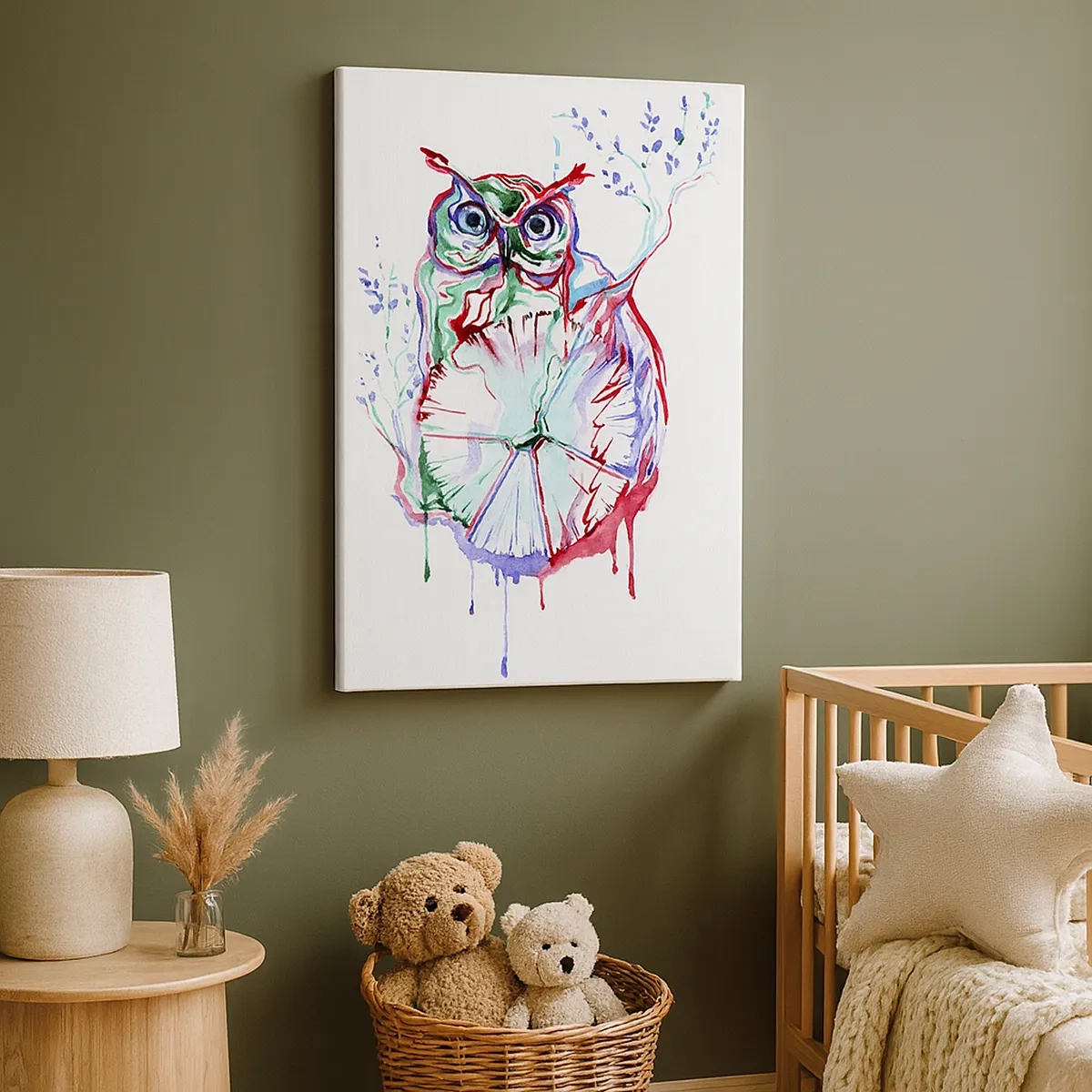 Bild auf Leinwand - Leinwandbild - Bunte Aquarell-Eule im künstlerischen Stil - 50x70cm - Von Natur aus klug - Moderne Wanddekoration für Wohnzimmer und Schlafzimmer ARTTOR