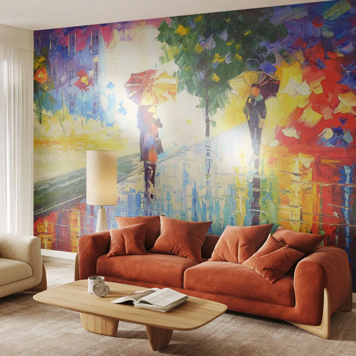 Fototapete Premium Sand - Spaziergang im Regen mit bunten Regenschirmen - 100x70cm - Und alles klar - Moderne Wanddekoration für Wohnzimmer und Schlafzimmer ARTTOR