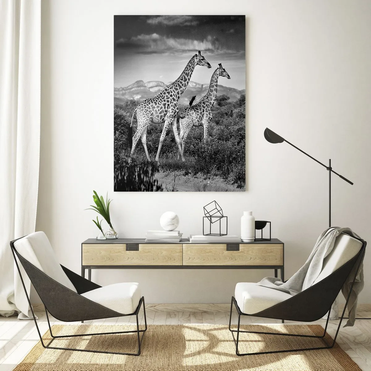 Glasbild - Bild auf glas - Schwarz-weiße Silhouetten zweier Giraffen in der Savanne - 80x120cm - Hohe Sphären in Afrika - Moderne Wanddekoration für Wohnzimmer und Schlafzimmer ARTTOR
