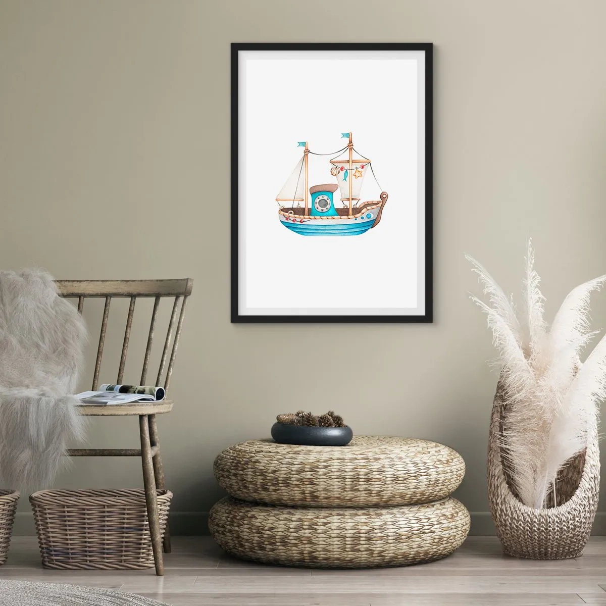 Poster in einem schwarzem Rahmen - Aquarellschiff in Pastelltönen von Blau und Beige - 50x70cm - Ahoi, Abenteuer! - Moderne Wanddekoration für Wohnzimmer und Schlafzimmer ARTTOR