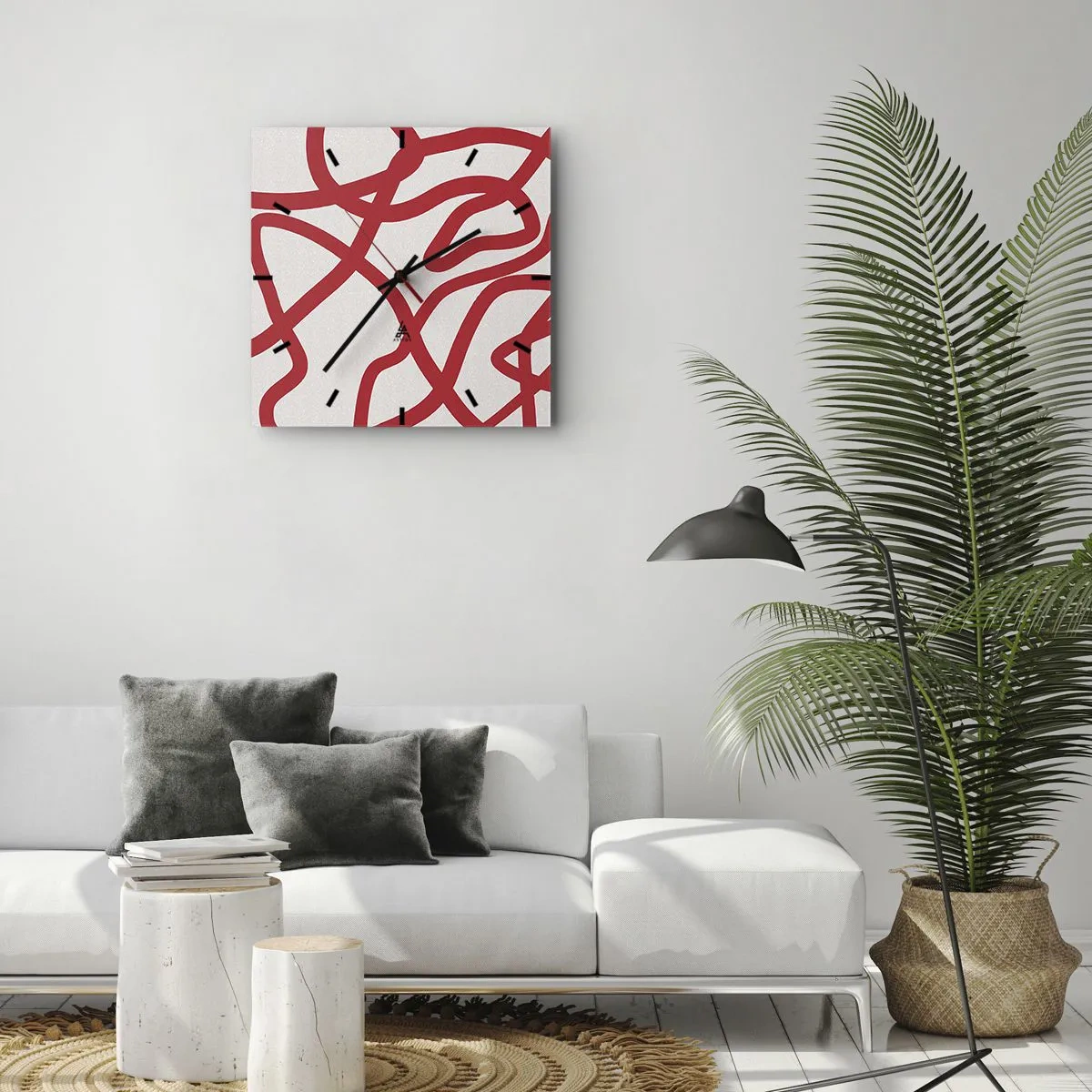 Wanduhr - Glasuhr - Rote abstrakte Linien auf weißem Hintergrund - 30x30cm - Rot auf Weiß - Moderne Wanddekoration für Wohnzimmer und Schlafzimmer ARTTOR