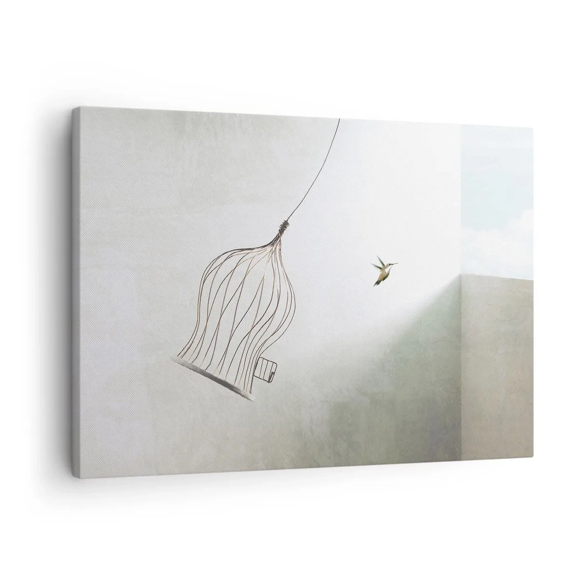 Bild auf Leinwand - Leinwandbild - Ein aus einem Käfig befreiter Vogel vor dem Hintergrund eines hellen Himmels - 70x50cm - In seinem Element - Moderne Wanddekoration für Wohnzimmer und Schlafzimmer ARTTOR