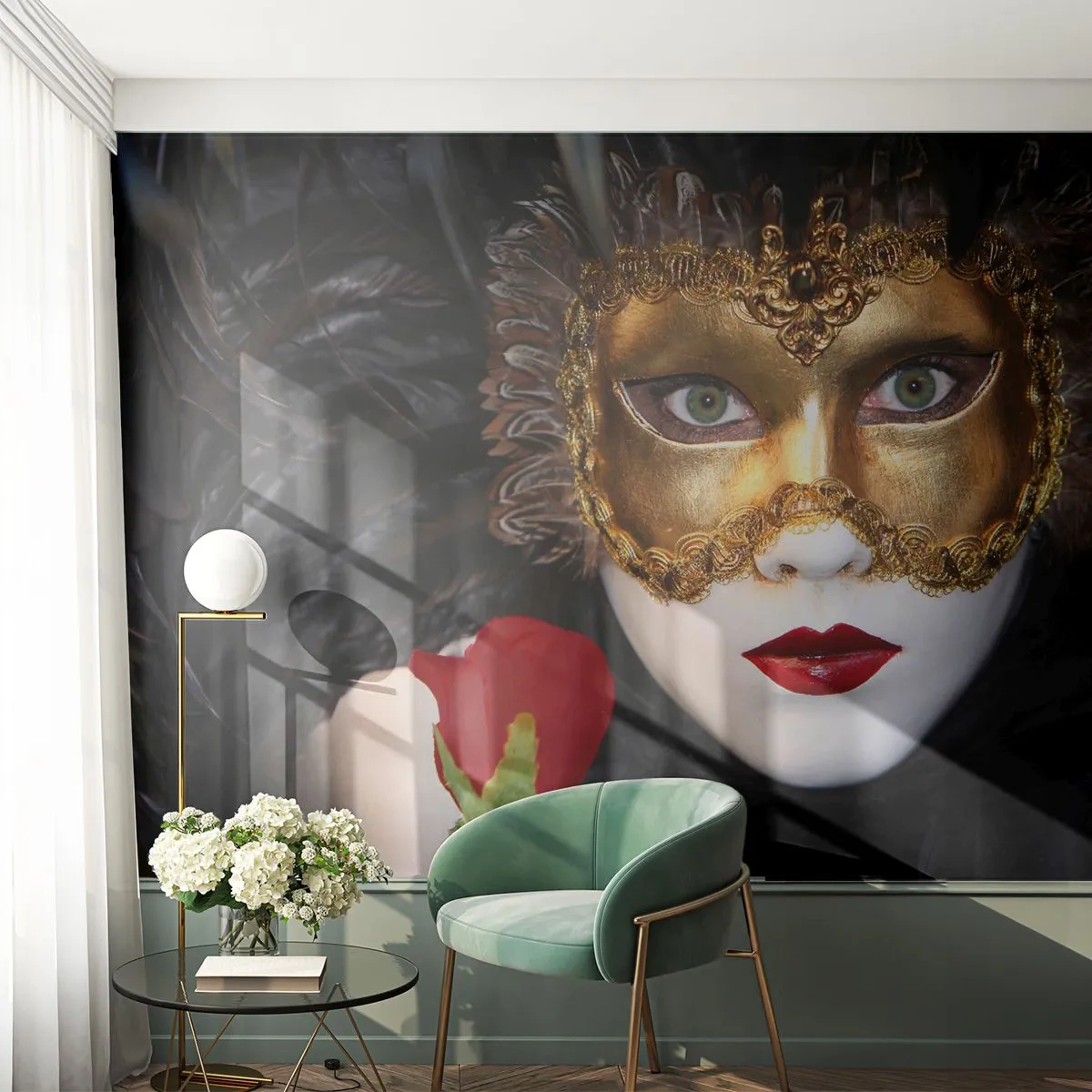 Fototapete Premium Sand - Goldene Karnevalsmaske mit roter Rose - 100x70cm - Denn das Leben ist ein großer Ball - Moderne Wanddekoration für Wohnzimmer und Schlafzimmer ARTTOR