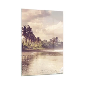 Glasbild - Bild auf glas - Ein goldener Strand mit Palmen und einem ruhigen Ozean im sanften Licht - 50x70cm - Die Liebkosung der Wellen - Moderne Wanddekoration für Wohnzimmer und Schlafzimmer ARTTOR