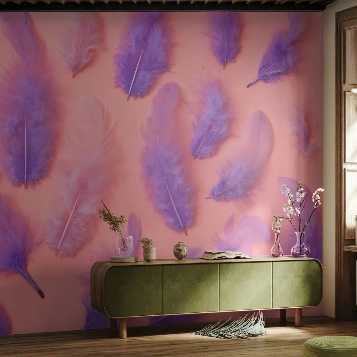 Fototapete Premium Sand - Lila Vogel der Begierde - Vogelfeder, Inspiration, Grafik - 400x280 cm