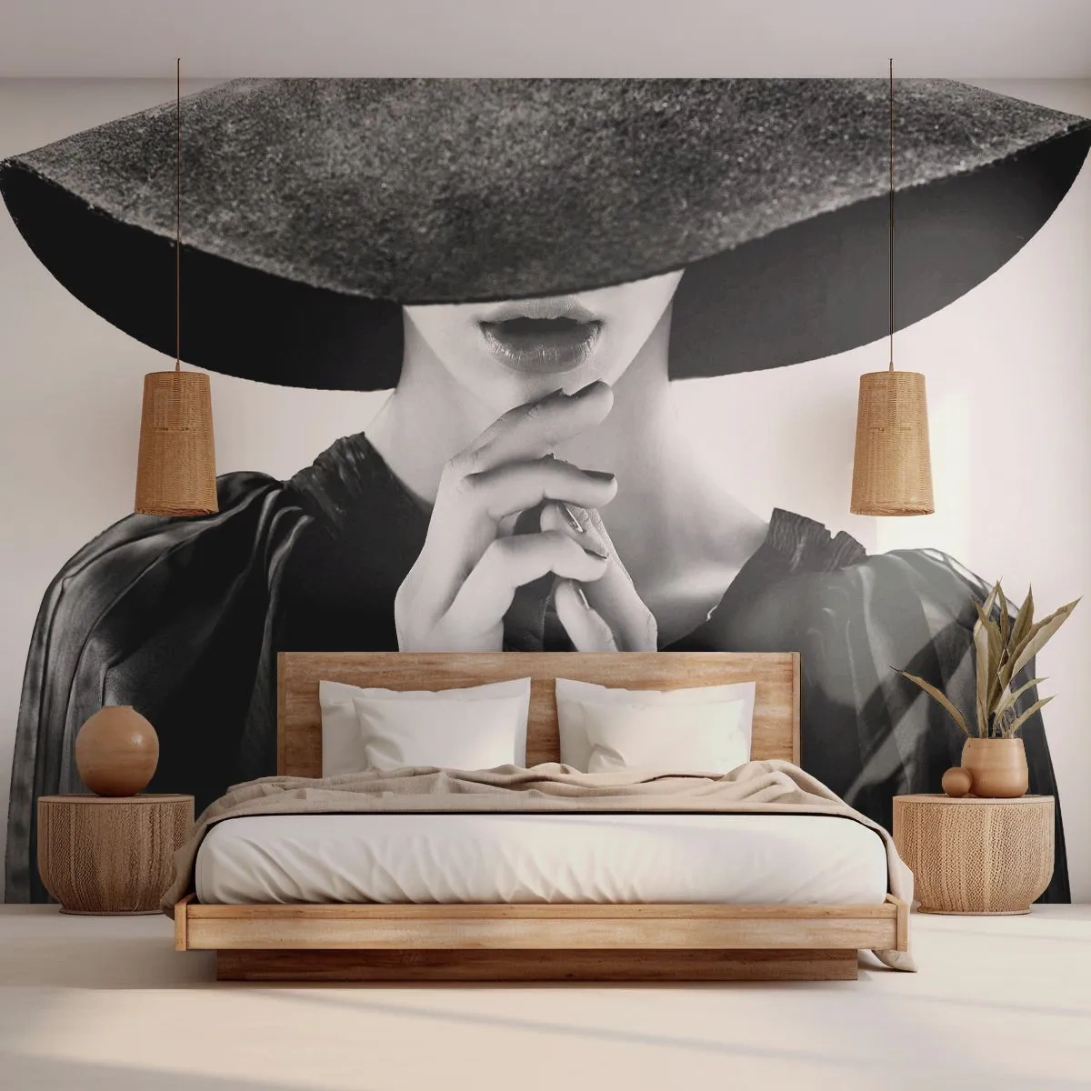 Fototapete Premium Sand - Stilvolle Frau in Schwarz mit großem Hut in einer glamourösen Aufnahme - 100x70cm - Versteckte Schönheit - Moderne Wanddekoration für Wohnzimmer und Schlafzimmer ARTTOR