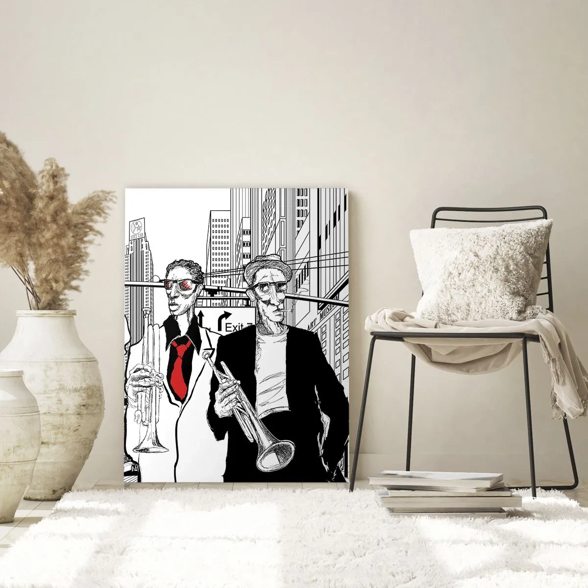 Glasbild - Bild auf glas - Eine Jazz-Straßenband mit modernem Grafikstil. - 50x70cm - Urbane Rhapsodie in Schwarz und Rot - Moderne Wanddekoration für Wohnzimmer und Schlafzimmer ARTTOR