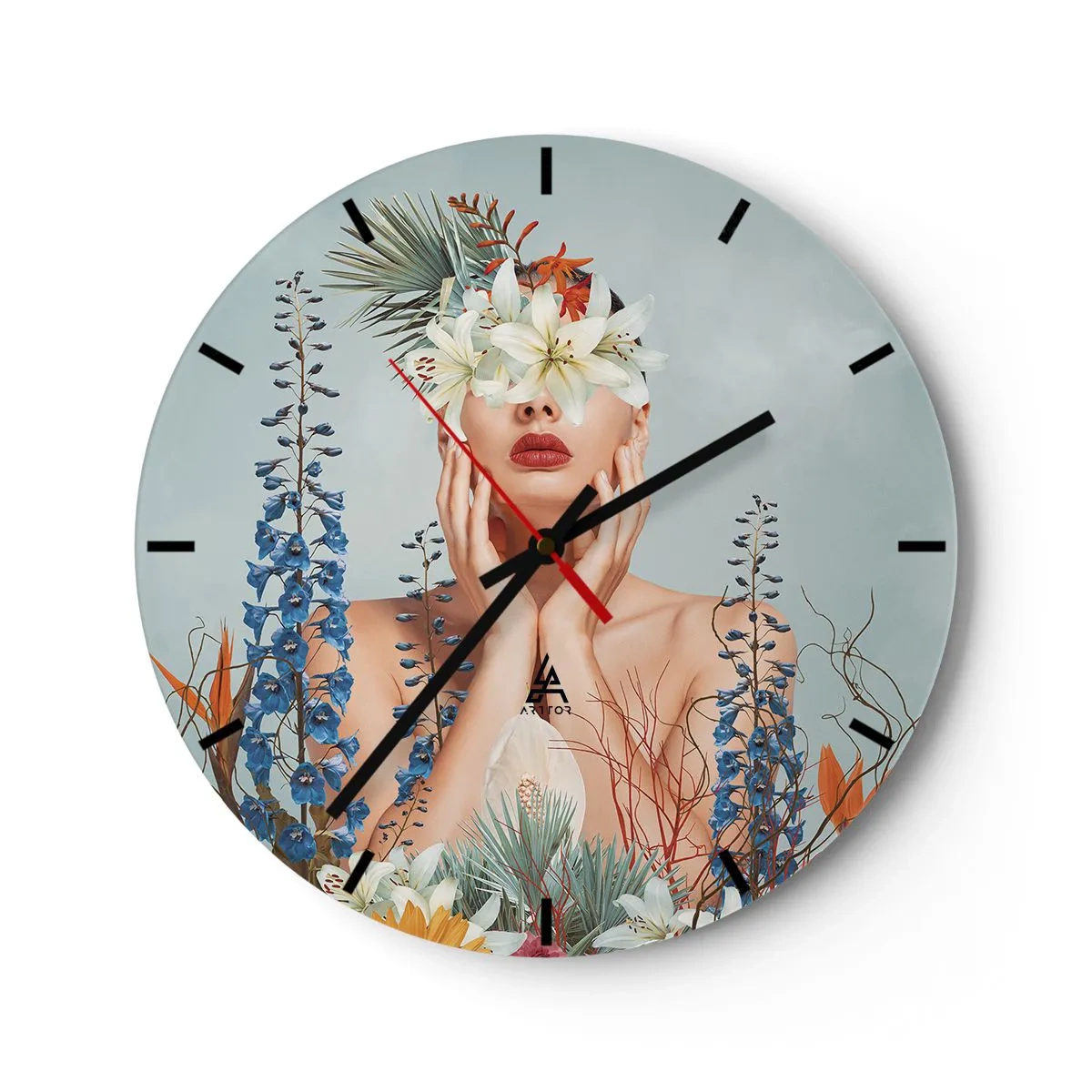 Wanduhr - Glasuhr - Eine Frau mit einem Strauß exotischer Blumen, der ihre Augen bedeckt. - 30x30cm - Frau - Blume - Moderne Wanddekoration für Wohnzimmer, Küche und Schlafzimmer ARTTOR