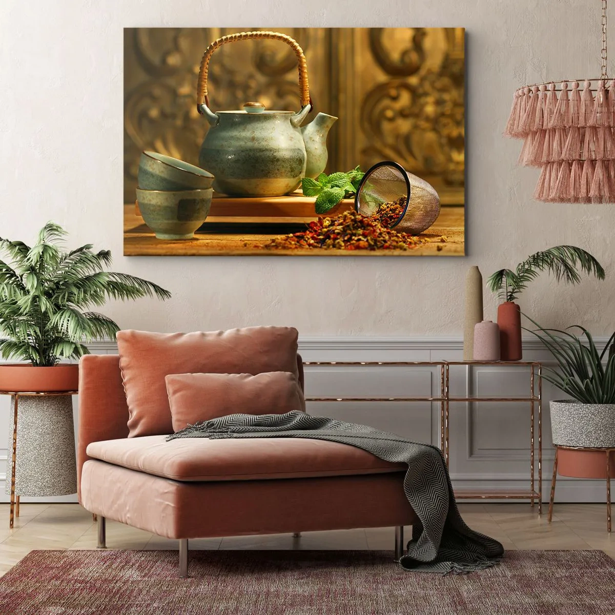 Bild auf Leinwand - Leinwandbild - Keramikkrug mit Tassen und getrocknetem Tee - 70x50cm - Abhandlung über das Teetrinken - Moderne Wanddekoration für Wohnzimmer und Schlafzimmer ARTTOR
