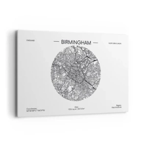 Bild auf Leinwand - Leinwandbild - Eine minimalistische Schwarzweißkarte von Birmingham mit präzisen Details. - 120x80cm - Anatomie von Birmingham - Moderne Wanddekoration für Wohnzimmer und Schlafzimmer ARTTOR