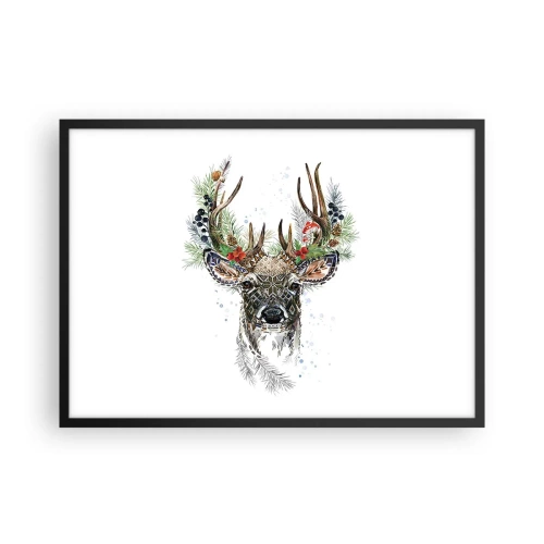 Poster in einem schwarzem Rahmen - Stilisierter Hirsch mit dekorativem Geweih auf weißem Hintergrund - 70x50cm - Im festlichen Gewand - Moderne Wanddekoration für Wohnzimmer und Schlafzimmer ARTTOR