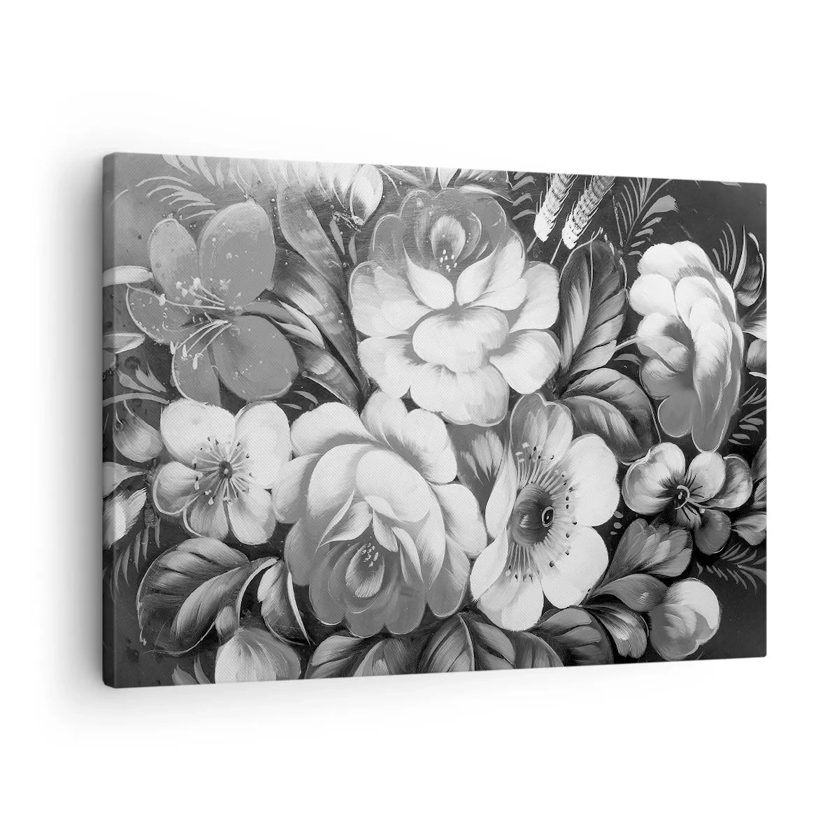 Bild auf Leinwand - Leinwandbild - Schwarze und weiße Blumen in einer klassischen und eleganten Komposition - 70x50cm - Schön auch in Grau - Moderne Wanddekoration für Wohnzimmer und Schlafzimmer ARTTOR