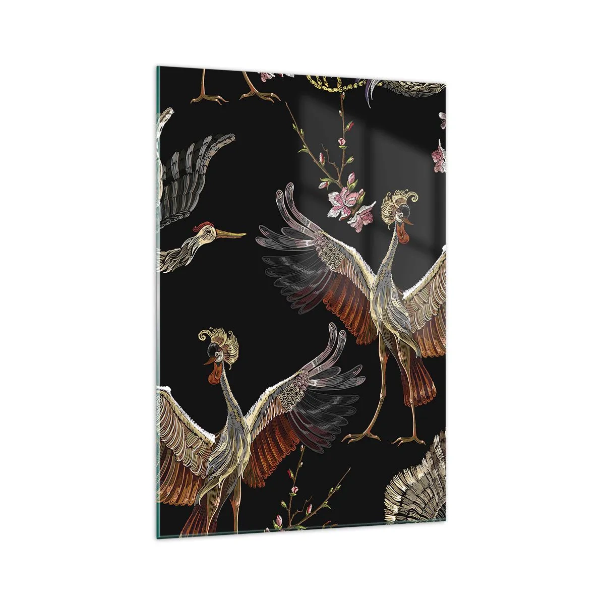 Glasbild - Bild auf glas - Stilvolle Kraniche und Blumen auf schwarzem Hintergrund - 70x100cm - Märchenvogel - Moderne Wanddekoration für Wohnzimmer und Schlafzimmer ARTTOR