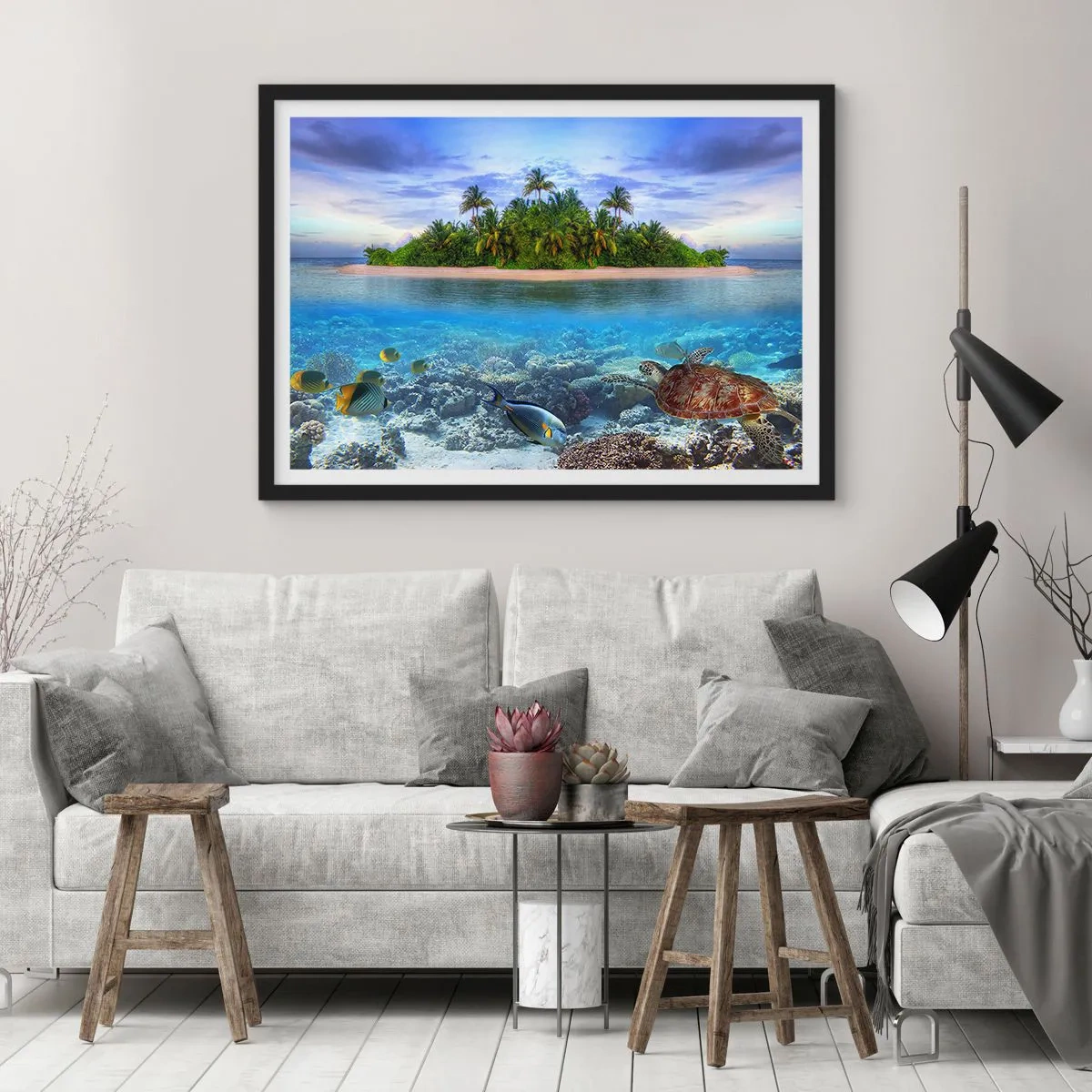 Poster in einem schwarzem Rahmen - Heavenly Island lädt dich ein - 50x40 cm