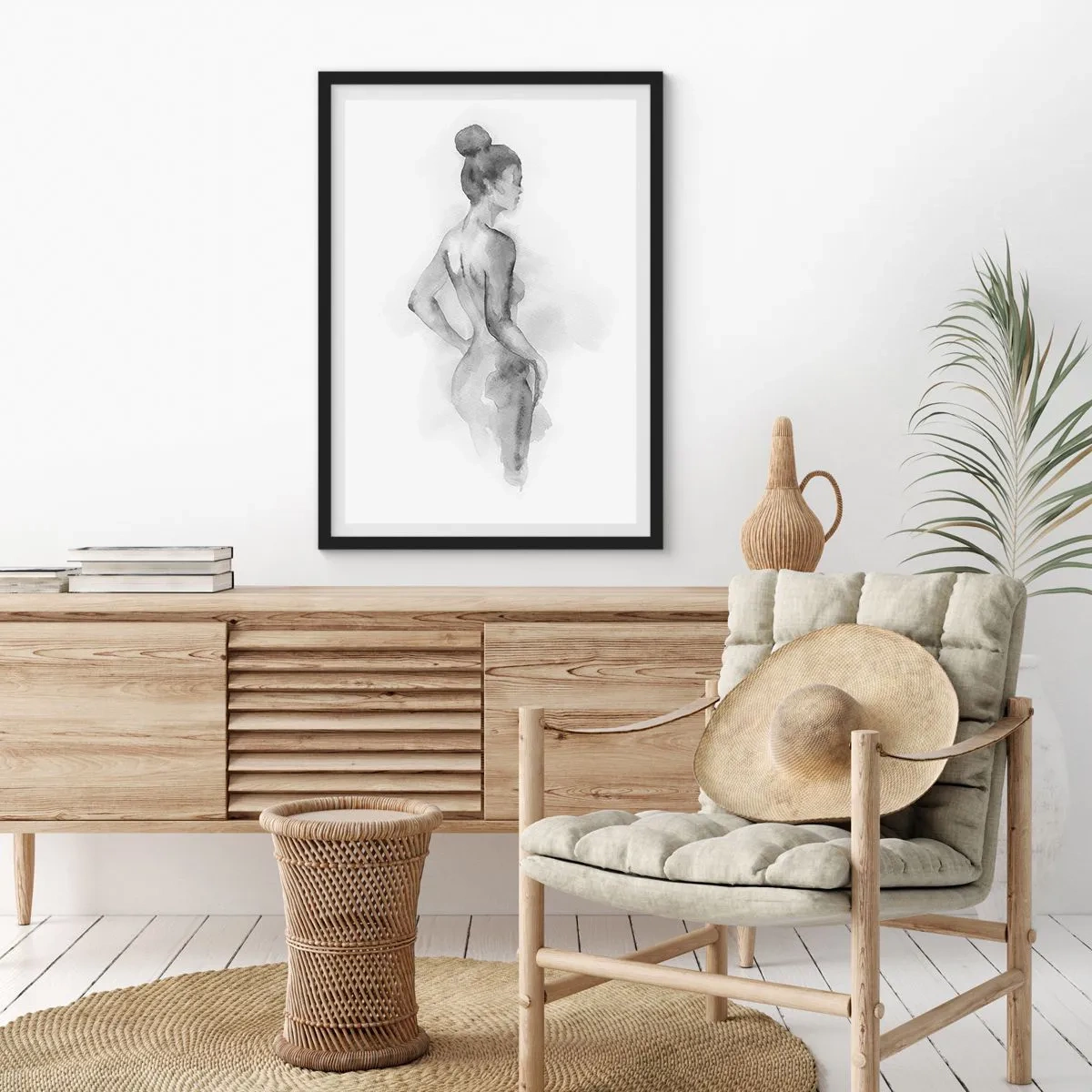 Poster in einem schwarzem Rahmen - Ein dezentes Aquarellporträt einer Frau in Grautönen. - 50x70cm - Schön wie ein Gemälde - Moderne Wanddekoration für Wohnzimmer und Schlafzimmer ARTTOR