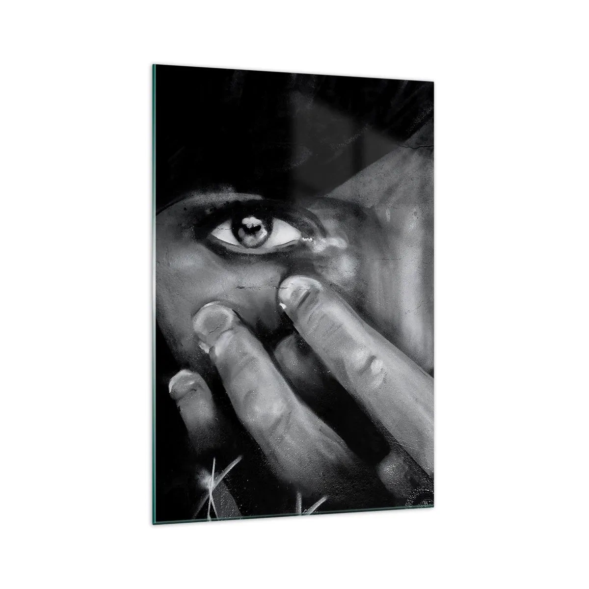 Glasbild - Bild auf glas - Schwarz-Weiß-Porträt einer Frau, die ihr Gesicht mit den Händen bedeckt. - 70x100cm - Ich werde nicht sagen, wer es gemalt hat - Moderne Wanddekoration für Wohnzimmer und Schlafzimmer ARTTOR