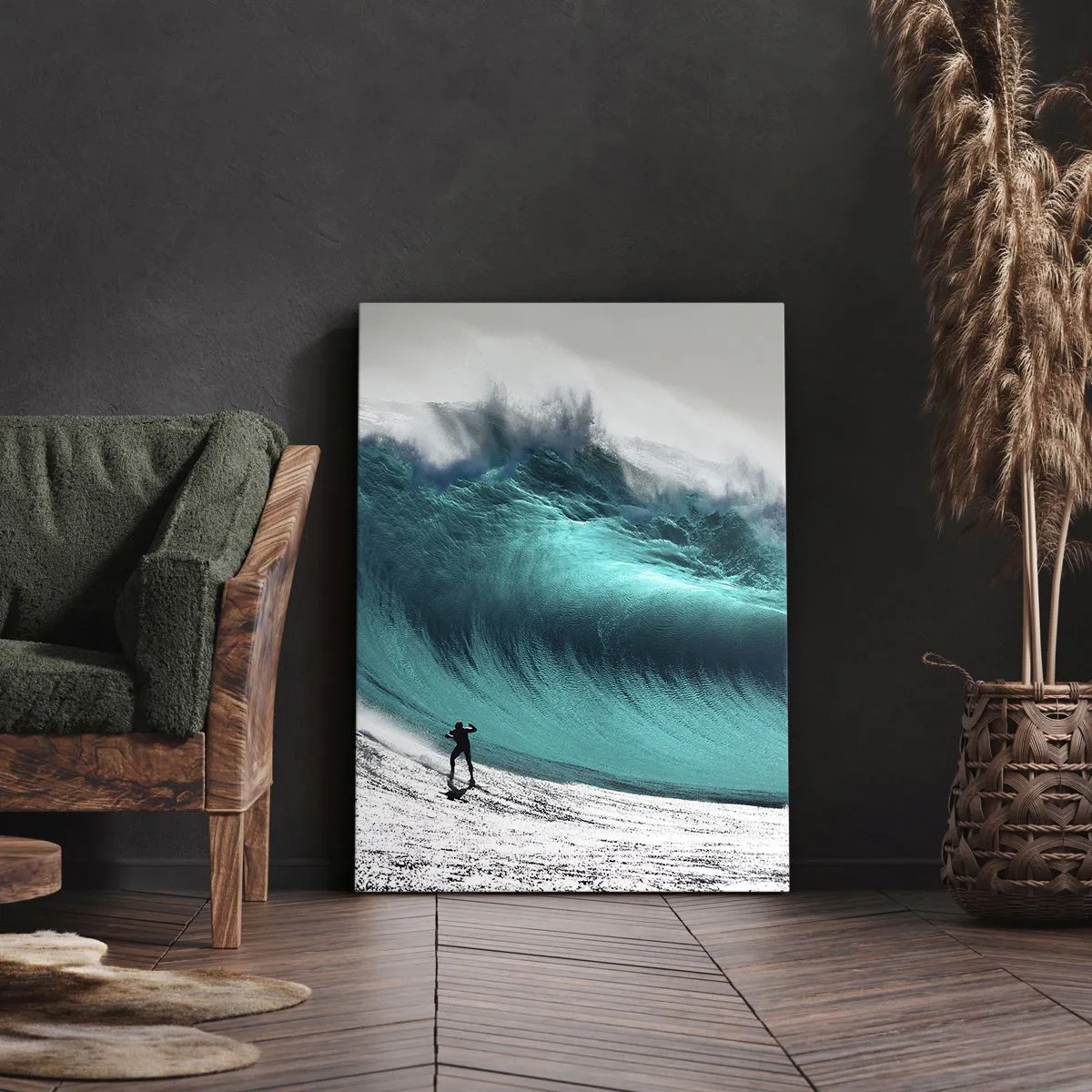 Bild auf Leinwand - Leinwandbild - Surfer vor einer riesigen Welle - 50x70cm - Herausforderung angenommen - Moderne Wanddekoration für Wohnzimmer und Schlafzimmer ARTTOR