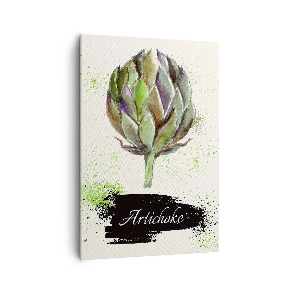Bild auf Leinwand - Leinwandbild - Aquarell Artischocke mit Text auf hellem Hintergrund mit grünen Akzenten - 70x100cm - Eviva-Gemüse! - Moderne Wanddekoration für Wohnzimmer und Schlafzimmer ARTTOR