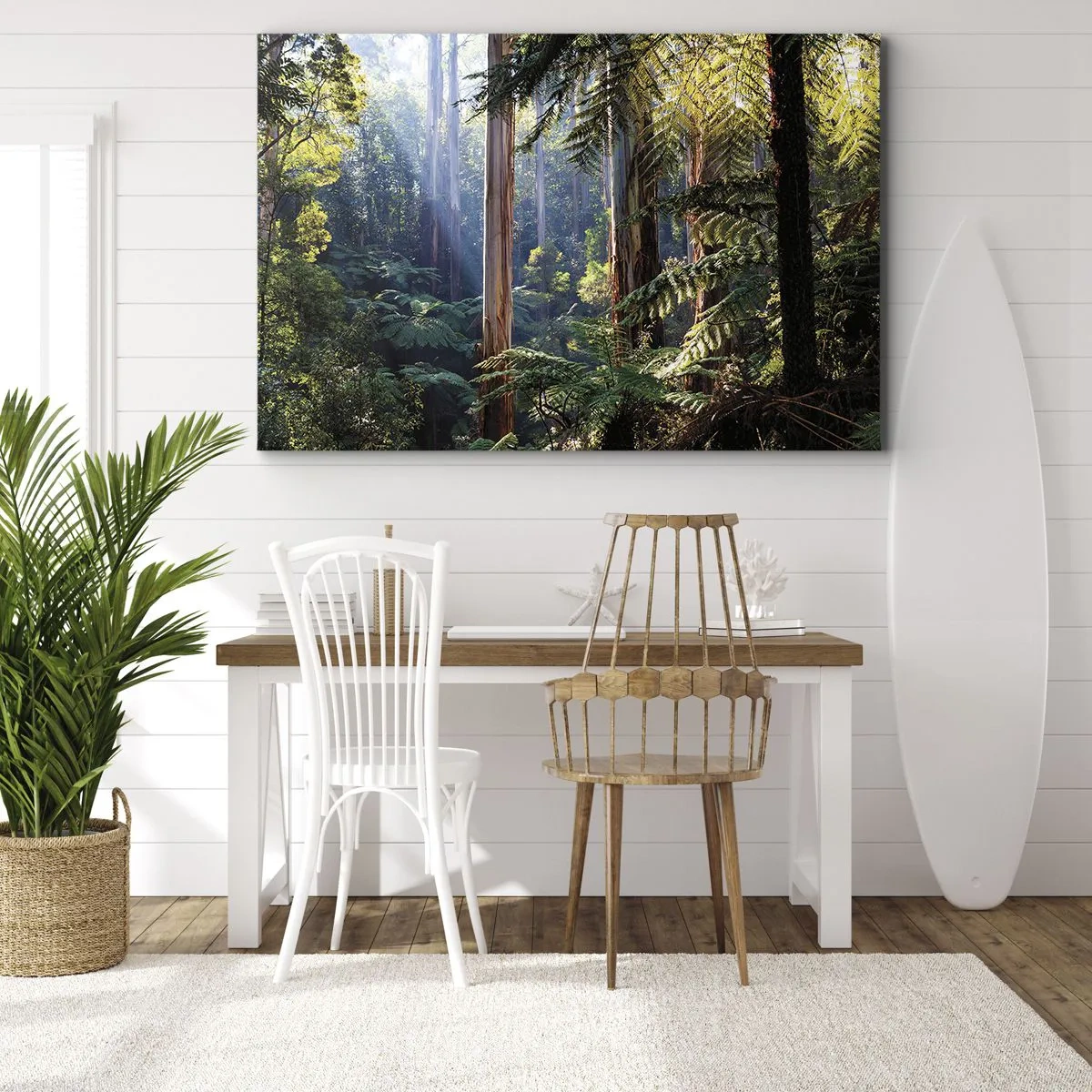 Bild auf Leinwand - Leinwandbild - Tropischer Wald, beleuchtet von den Sonnenstrahlen - 70x50cm - Ein Waldmärchen - Moderne Wanddekoration für Wohnzimmer und Schlafzimmer ARTTOR