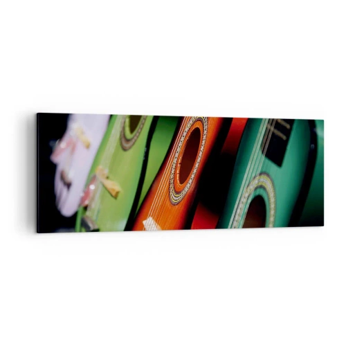 Bild auf Leinwand - Leinwandbild - Bunte Gitarren in verschiedenen Farbtönen in einer Reihe angeordnet - 140x50cm - Die Gitarre hat viele Farben - Moderne Wanddekoration für Wohnzimmer und Schlafzimmer ARTTOR