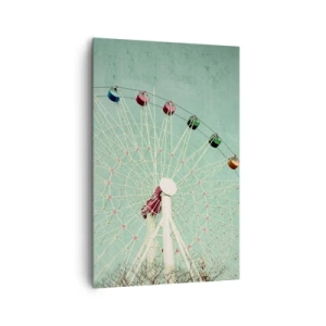 Bild auf Leinwand - Leinwandbild - Ein buntes Riesenrad vor blauem Himmel im Retro-Stil - 80x120cm - Wir laden zum Spiel ein - Moderne Wanddekoration für Wohnzimmer und Schlafzimmer ARTTOR