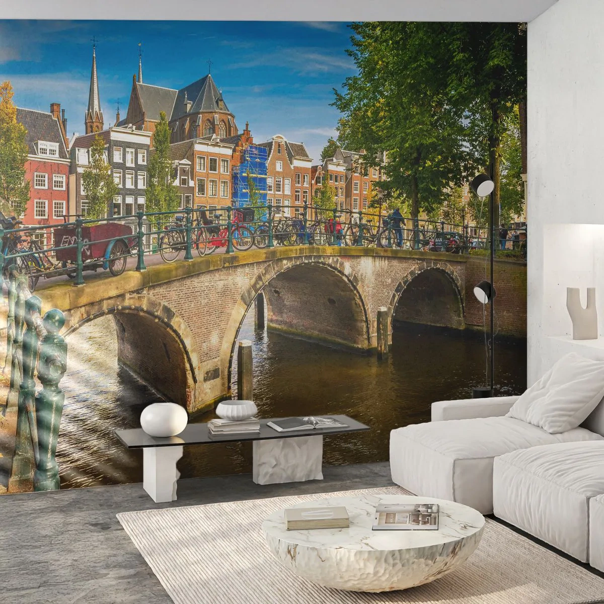Selbstklebende Fototapete Deluxe Sticker - Frühling am Kanal - Stadt, Amsterdam, Die Architektur - 300x210 cm