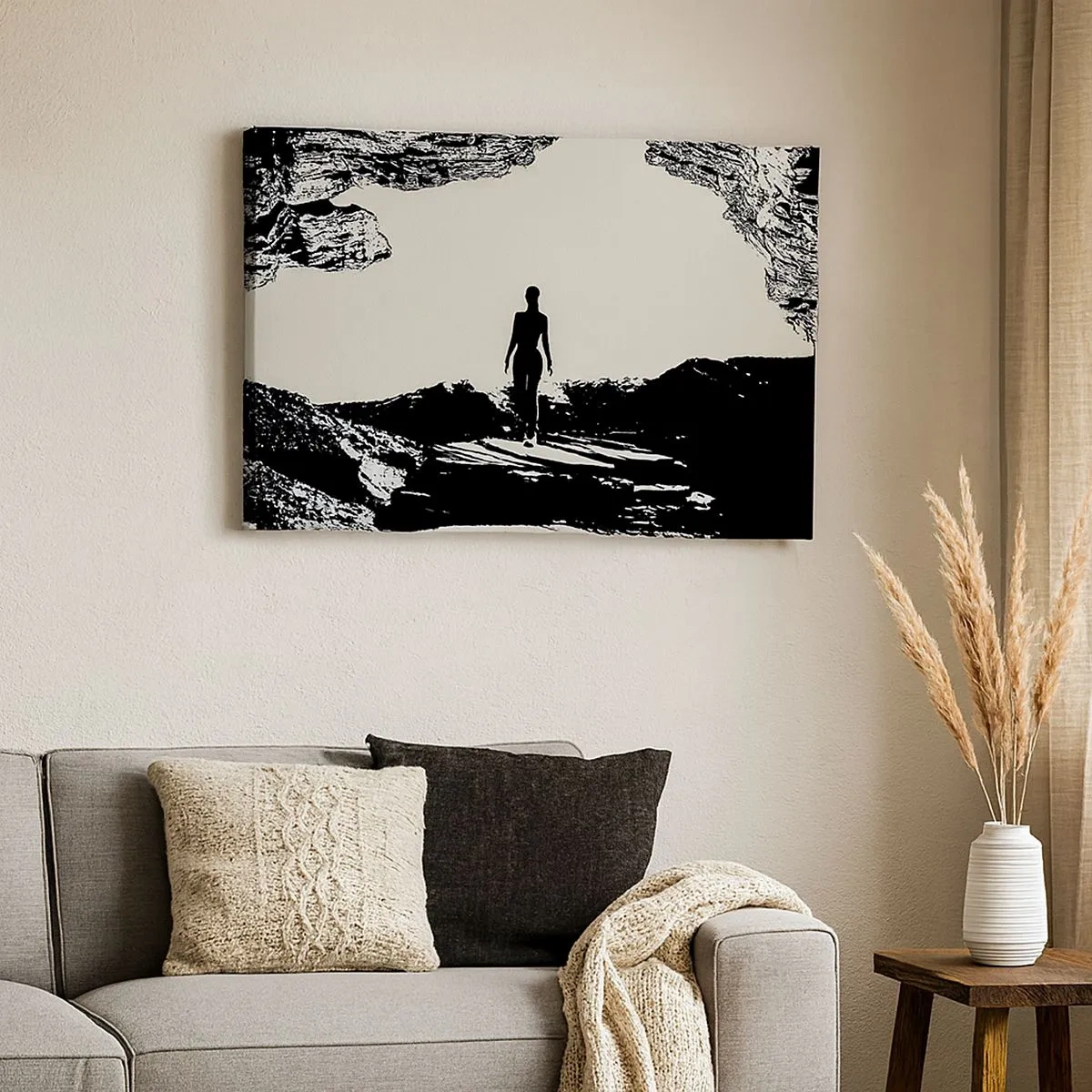 Bild auf Leinwand - Leinwandbild - Schwarz-weiße Silhouette einer Frau in einer Höhle gegen den Himmel - 70x50cm - Neuer Blick - Moderne Wanddekoration für Wohnzimmer und Schlafzimmer ARTTOR