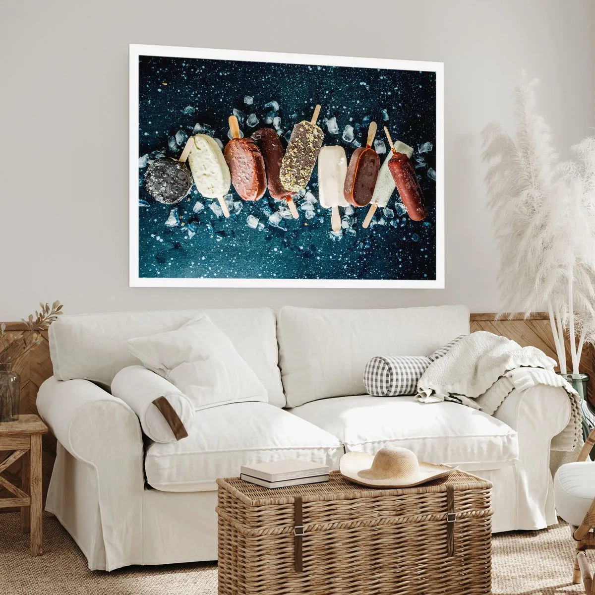 Poster - Bunte Eislutscher auf Eis mit dunklem Hintergrund angeordnet - 100x70cm - Geschmack des heißen Sommers - Moderne Wanddekoration für Wohnzimmer und Schlafzimmer ARTTOR
