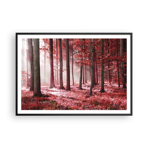 Poster in einem schwarzem Rahmen - Ein atemberaubender Wald in roten Farbtönen mit Lichtstrahlen, die durch die Bäume dringen - 100x70cm - Rot ist genauso schön - Moderne Wanddekoration für Wohnzimmer und Schlafzimmer ARTTOR