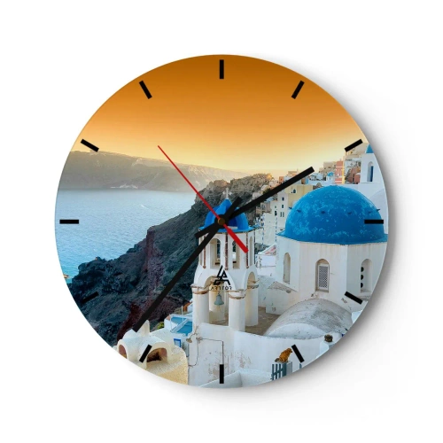 Wanduhr - Glasuhr - Santorini - an die Felsen gekuschelt - 40x40 cm