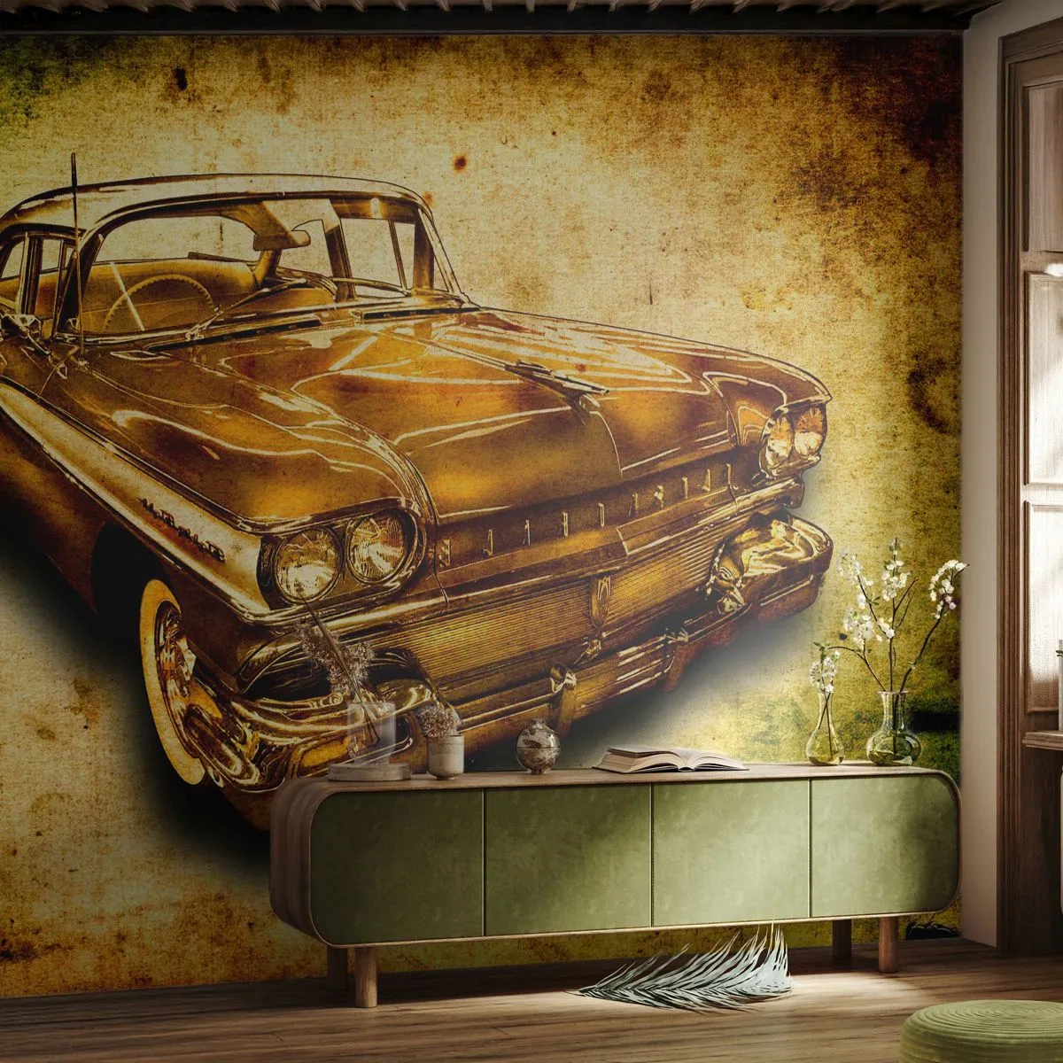Fototapete Premium Sand - Goldenes klassisches Auto auf Vintage-Hintergrund - 100x70cm - Die unvergängliche Schönheit der Klassiker - Moderne Wanddekoration für Wohnzimmer und Schlafzimmer ARTTOR