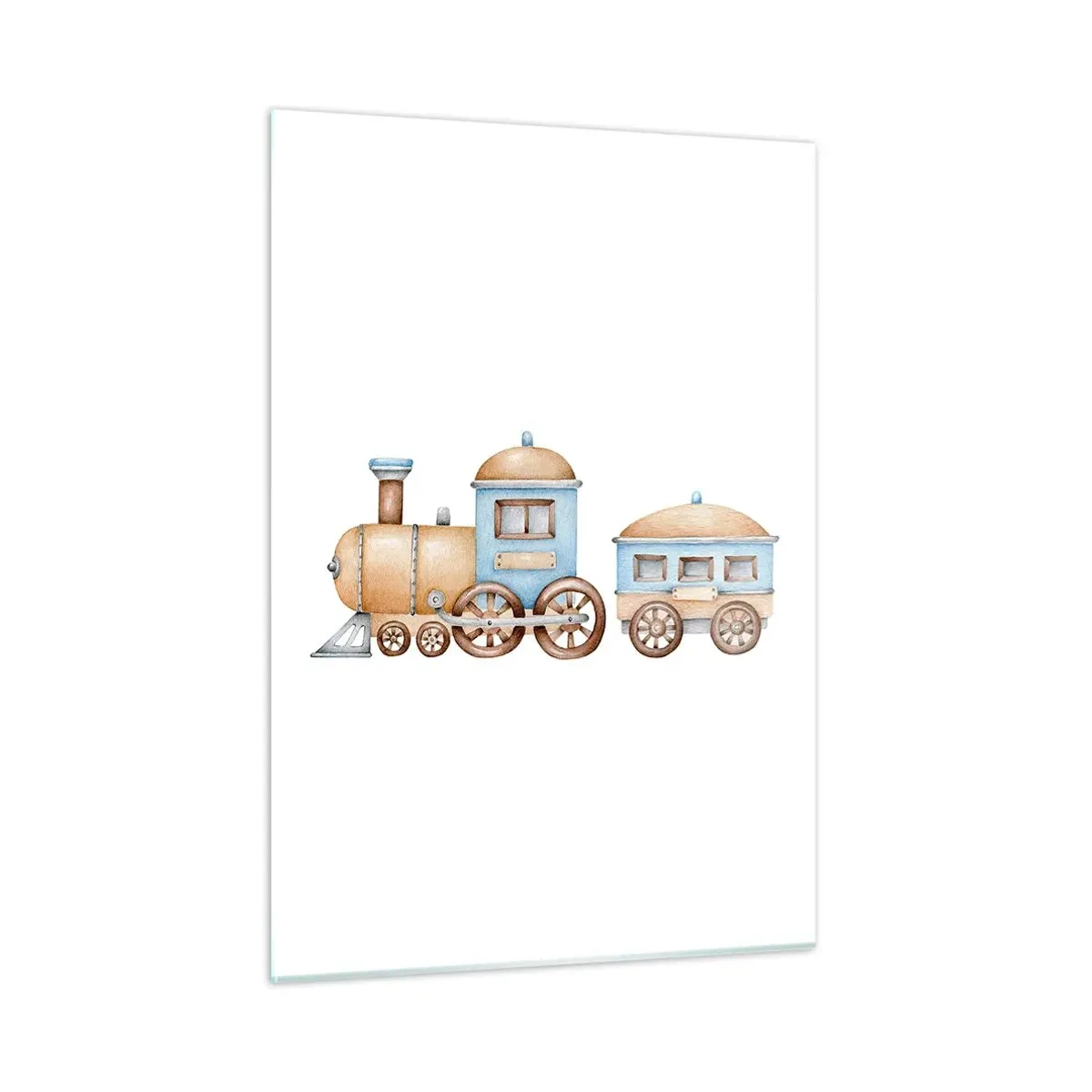 Glasbild - Bild auf glas - Illustration einer Dampflok in Blau- und Beigetönen auf weißem Hintergrund - 50x70cm - Am Bahnhof steht ... - Moderne Wanddekoration für Wohnzimmer und Schlafzimmer ARTTOR
