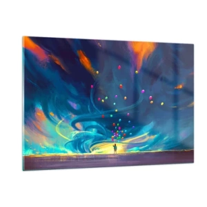 Glasbild - Bild auf glas - Eine Person hält bunte Luftballons vor einem blauen Windhintergrund. - 120x80cm - Zum blauen Wind - Moderne Wanddekoration für Wohnzimmer und Schlafzimmer ARTTOR