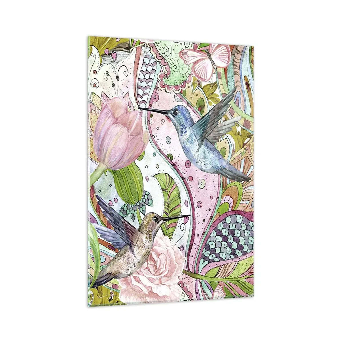 Glasbild - Bild auf glas - Bunte Kolibris und Schmetterlinge zwischen den Pflanzen - 80x120cm - Verstrickt in Weinreben - Moderne Wanddekoration für Wohnzimmer und Schlafzimmer ARTTOR