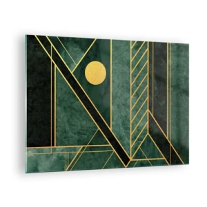 Glasbild - Bild auf glas - Grüne und goldene geometrische Abstraktion im Art-Deco-Stil - 70x50cm - Dynamik von Gold und Azurblau - Moderne Wanddekoration für Wohnzimmer und Schlafzimmer ARTTOR