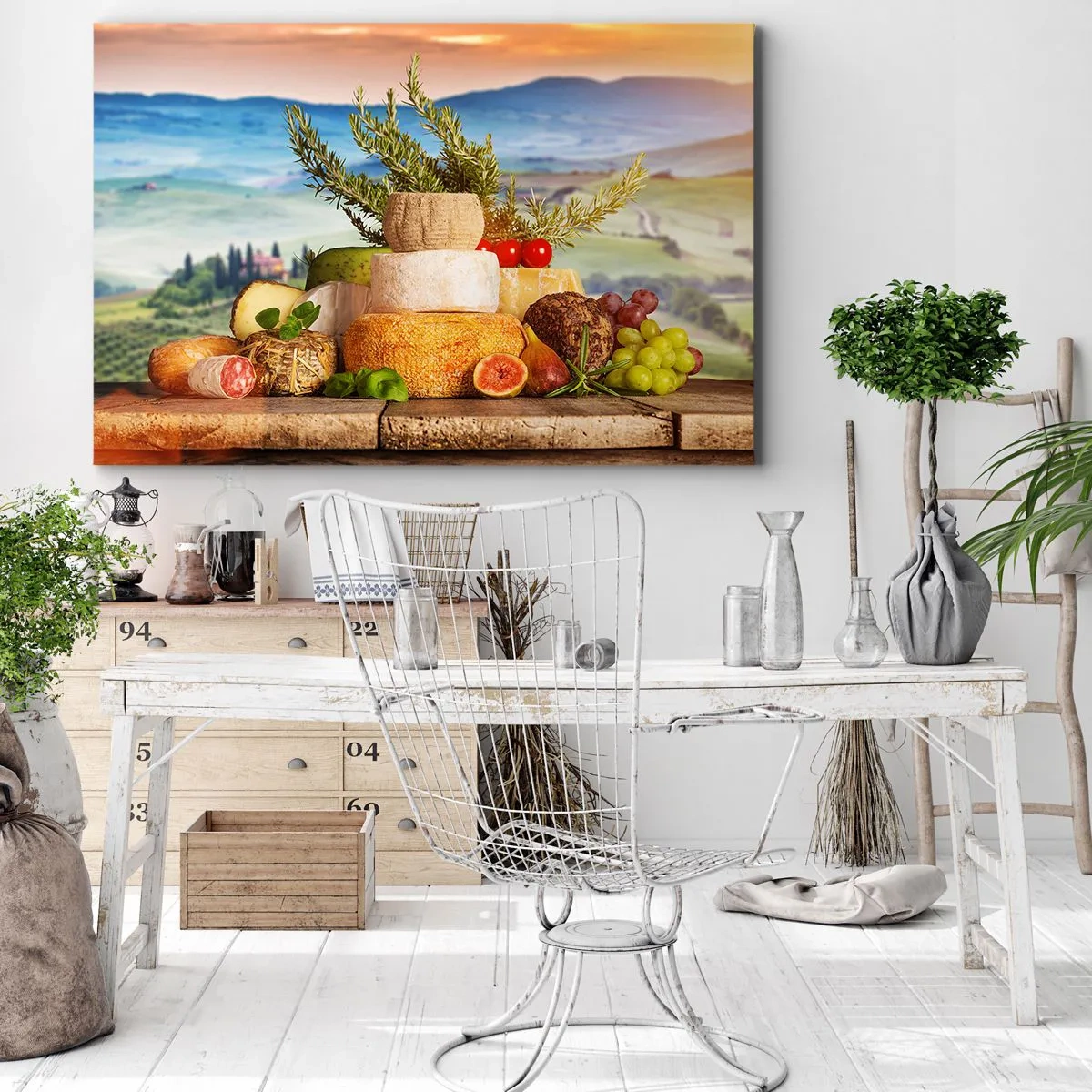 Bild auf Leinwand - Leinwandbild - Eine Komposition aus Käse und Früchten vor der Kulisse der toskanischen Landschaft - 70x50cm - Die italienische Lebensfreude - Moderne Wanddekoration für Wohnzimmer und Schlafzimmer ARTTOR