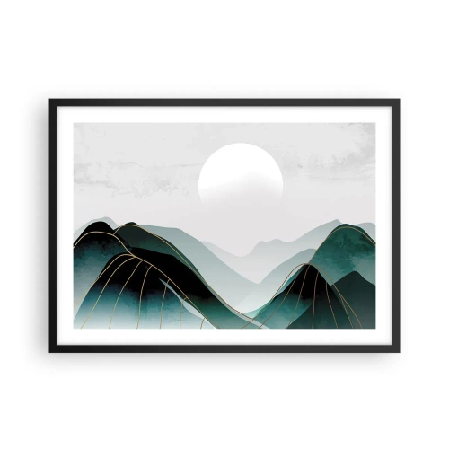 Poster in einem schwarzem Rahmen - Abstrakte Berglandschaft mit Mond und goldenen Linien - 70x50cm - In voller Majestät - Moderne Wanddekoration für Wohnzimmer und Schlafzimmer ARTTOR