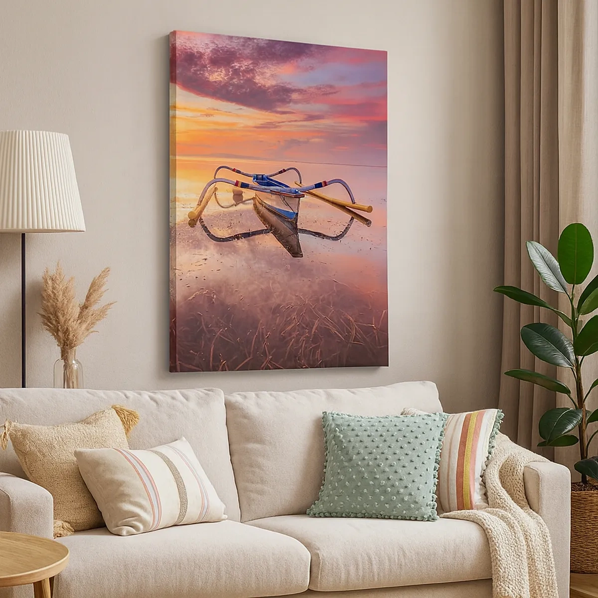 Bild auf Leinwand - Leinwandbild - Ein Boot auf ruhigem Wasser bei Sonnenuntergang - 50x70cm - Die Ruhe eines tropischen Abends - Moderne Wanddekoration für Wohnzimmer und Schlafzimmer ARTTOR