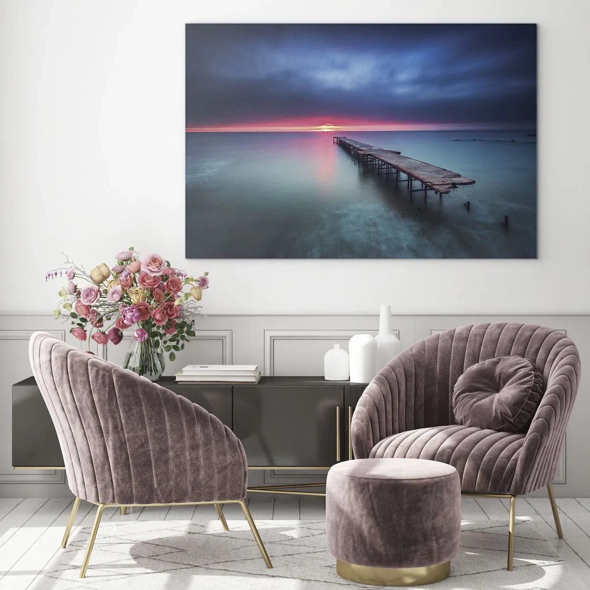 Glasbild - Bild auf glas - Pier, der in Richtung untergehender Sonne führt - 70x50cm - Zwischen Himmel und Erde - Moderne Wanddekoration für Wohnzimmer und Schlafzimmer ARTTOR