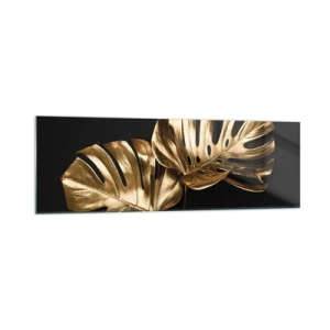Glasbild - Bild auf glas - Goldene Monstera-Blätter auf schwarzem Hintergrund - 160x50cm - Die Schätze der Natur - Moderne Wanddekoration für Wohnzimmer und Schlafzimmer ARTTOR