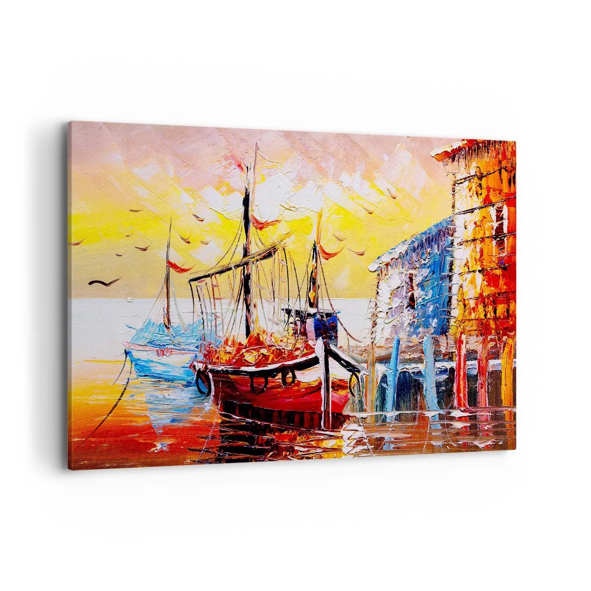 Bild auf Leinwand - Leinwandbild - Malerischer Hafen bei Sonnenuntergang mit Fischerbooten - 100x70cm - Glückliche Rückkehr - Moderne Wanddekoration für Wohnzimmer und Schlafzimmer ARTTOR