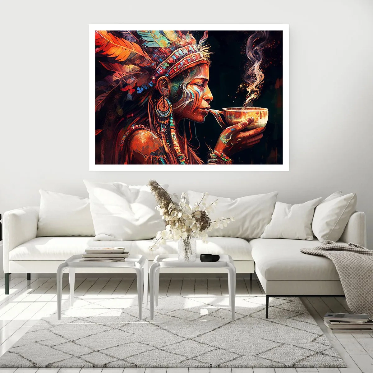 Poster - Eine farbenfrohe Figur im Ethno-Stil mit einer Tasse dampfenden Getränks - 100x70cm - Magisches Ritual - Moderne Wanddekoration für Wohnzimmer und Schlafzimmer ARTTOR