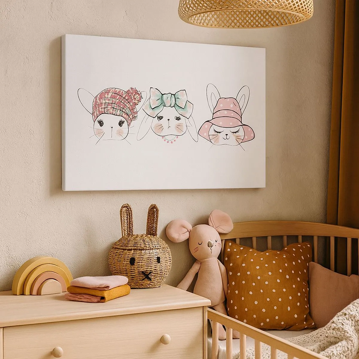 Bild auf Leinwand - Leinwandbild - Entzückende Häschen mit pastellfarbener Kopfbedeckung - 70x50cm - Nachdenklich, traurig, zufrieden - Moderne Wanddekoration für Wohnzimmer und Schlafzimmer ARTTOR