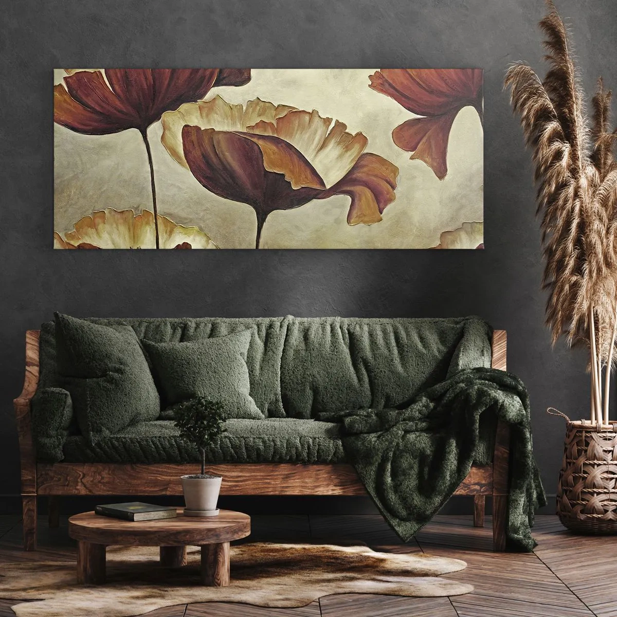 Bild auf Leinwand - Leinwandbild - Dezente Blumen in Rot- und Goldtönen auf hellem Untergrund - 140x50cm - Weideland - Moderne Wanddekoration für Wohnzimmer und Schlafzimmer ARTTOR