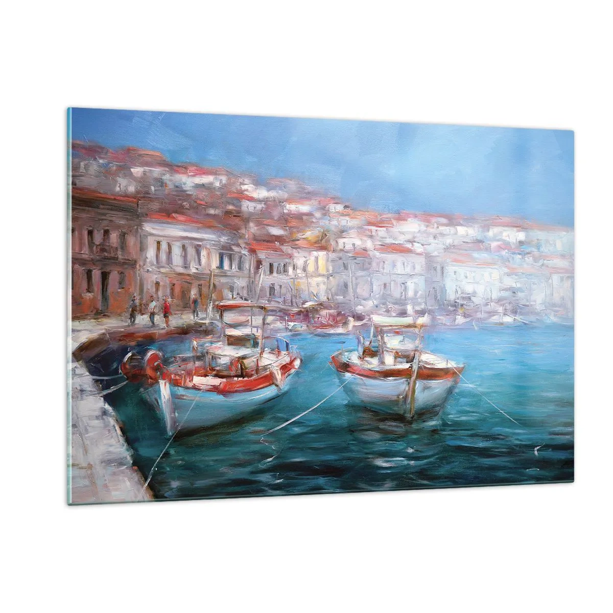 Glasbild - Bild auf glas - Fischerhafen mit Booten vor der Kulisse italienischer Gebäude und blauem Himmel - 120x80cm - Italienische Bucht - Moderne Wanddekoration für Wohnzimmer und Schlafzimmer ARTTOR