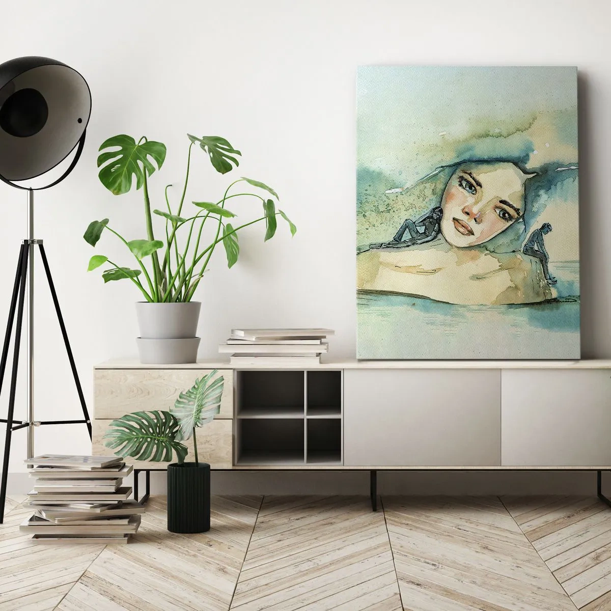 Bild auf Leinwand - Leinwandbild - Aquarell eines Frauengesichts mit reflektierendem Motiv - 80x120cm - Bin ich blau? - Moderne Wanddekoration für Wohnzimmer und Schlafzimmer ARTTOR