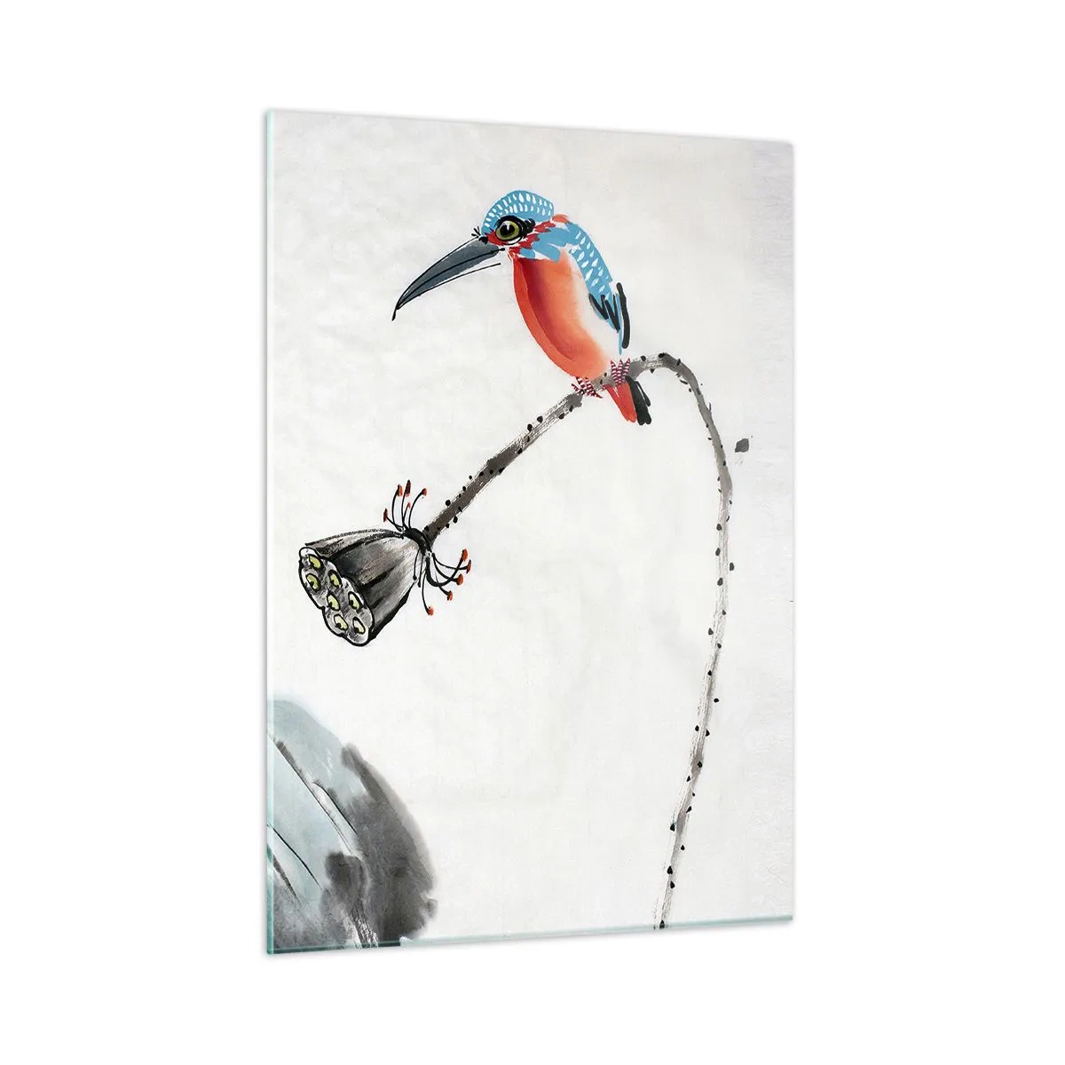 Glasbild - Bild auf glas - Illustration eines bunten Vogels und einer Libelle vor einem Hintergrund aus Vegetation - 50x70cm - Das Leben der Wiese - Moderne Wanddekoration für Wohnzimmer und Schlafzimmer ARTTOR