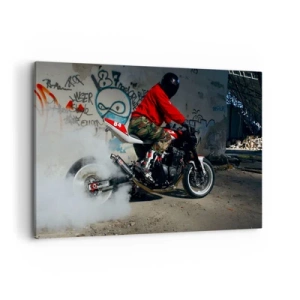 Bild auf Leinwand - Leinwandbild - Ein Motorradfahrer vollführt einen spektakulären Drift in einem verlassenen, mit Graffiti bedeckten Gebäude. - 120x80cm - Verfolge mich! - Moderne Wanddekoration für Wohnzimmer und Schlafzimmer ARTTOR